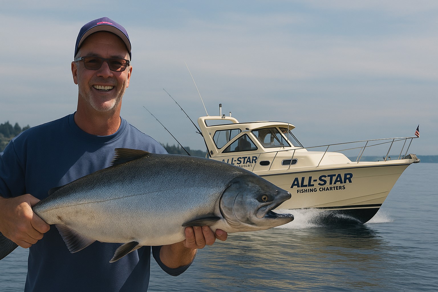 All Star Fishing Charters guide holding a large king salmon with the All Star boat running in the background on Puget Sound.