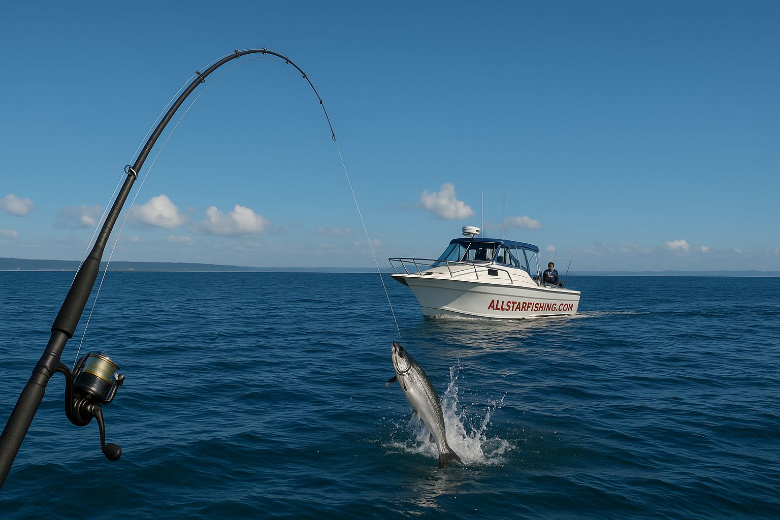 Bent fishing rod and salmon splashing on Puget Sound with All Star Fishing charter boat in the background