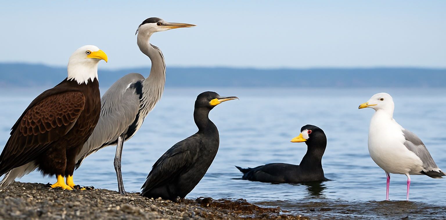 Bald eagle, great blue heron, cormorant, surf scoter, and gull along the shoreline of Puget Sound