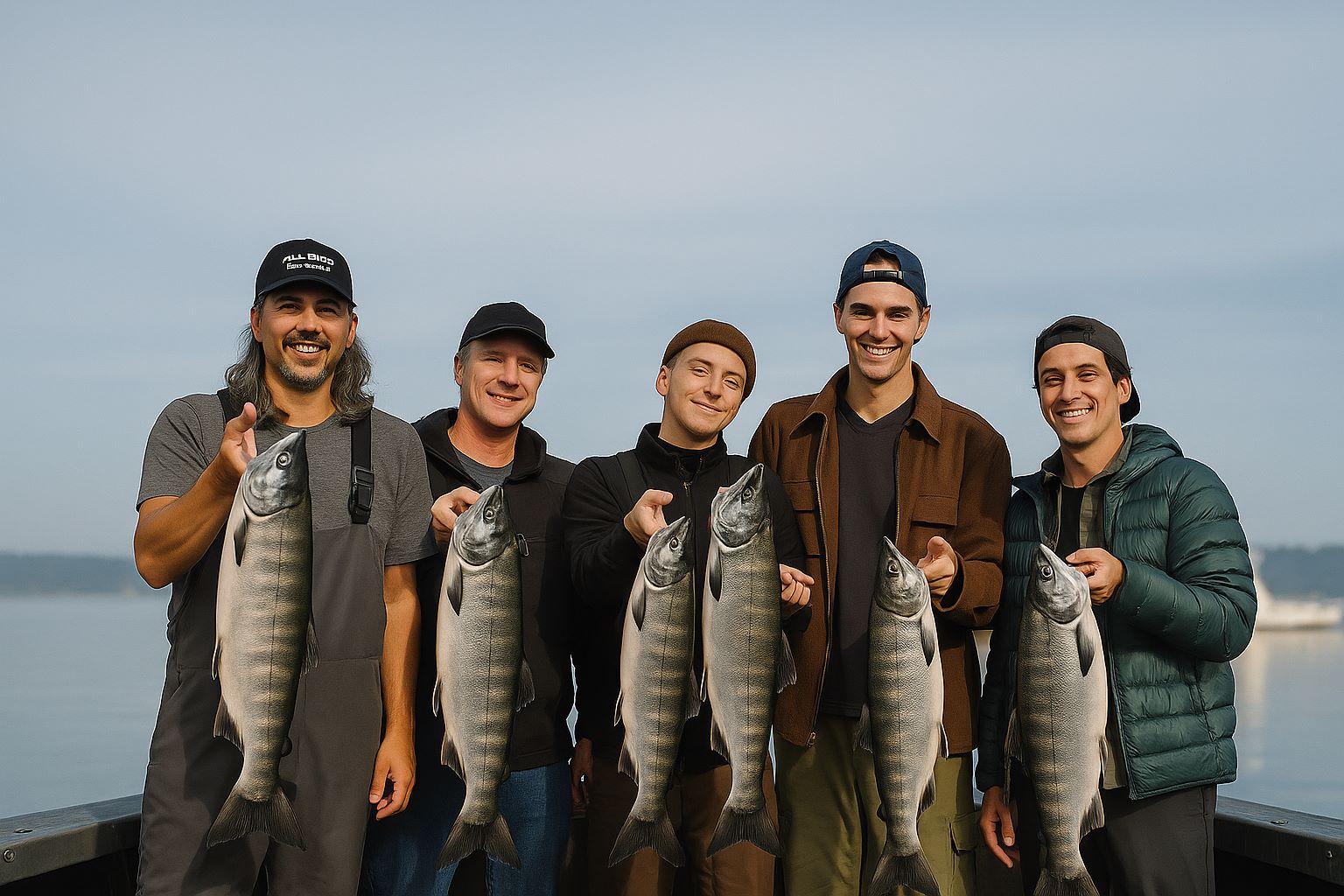 Group of anglers holding fresh chum salmon at a Puget Sound marina.