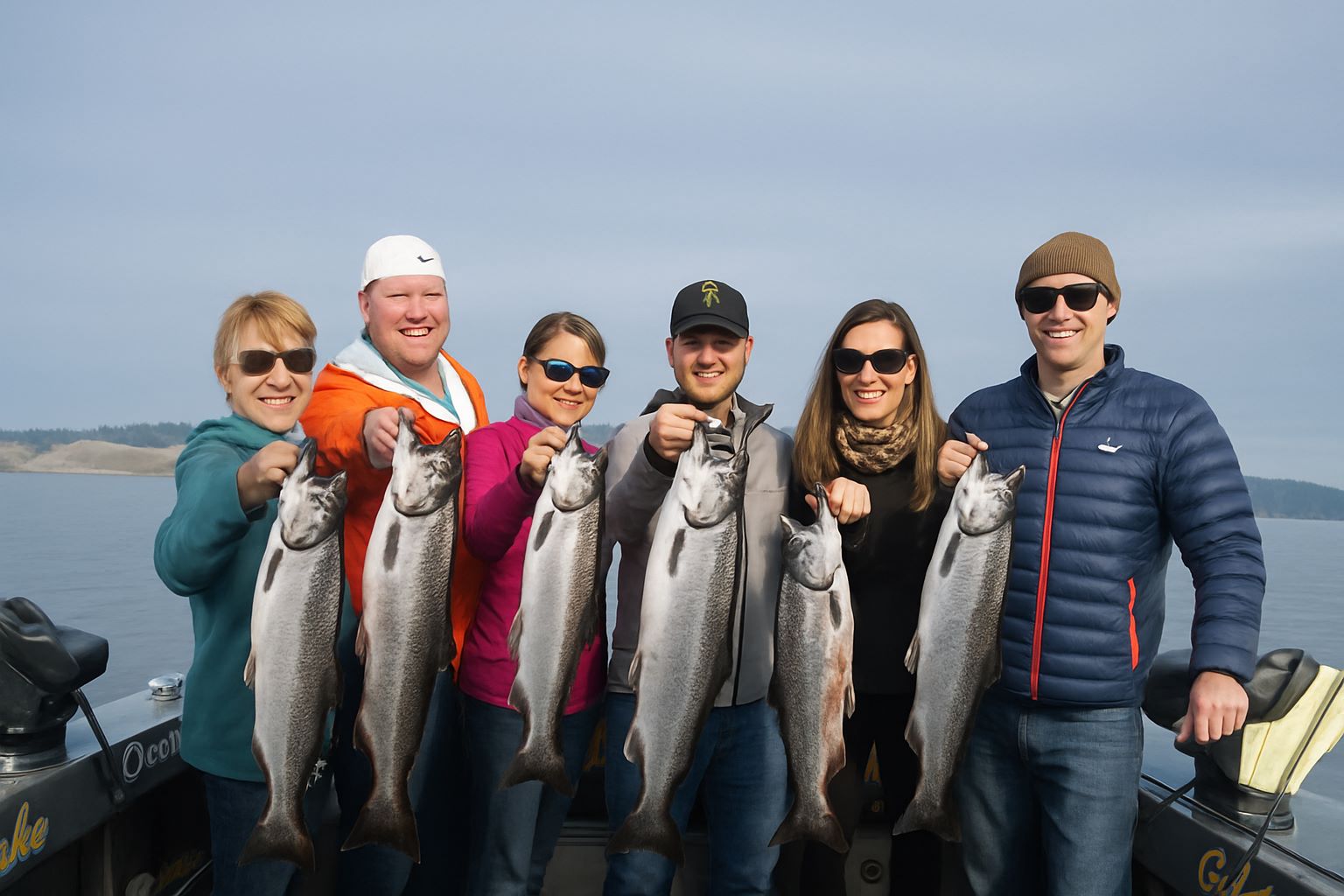 Group holding Winter King salmon on a Puget Sound fishing charter during the blackmouth season.