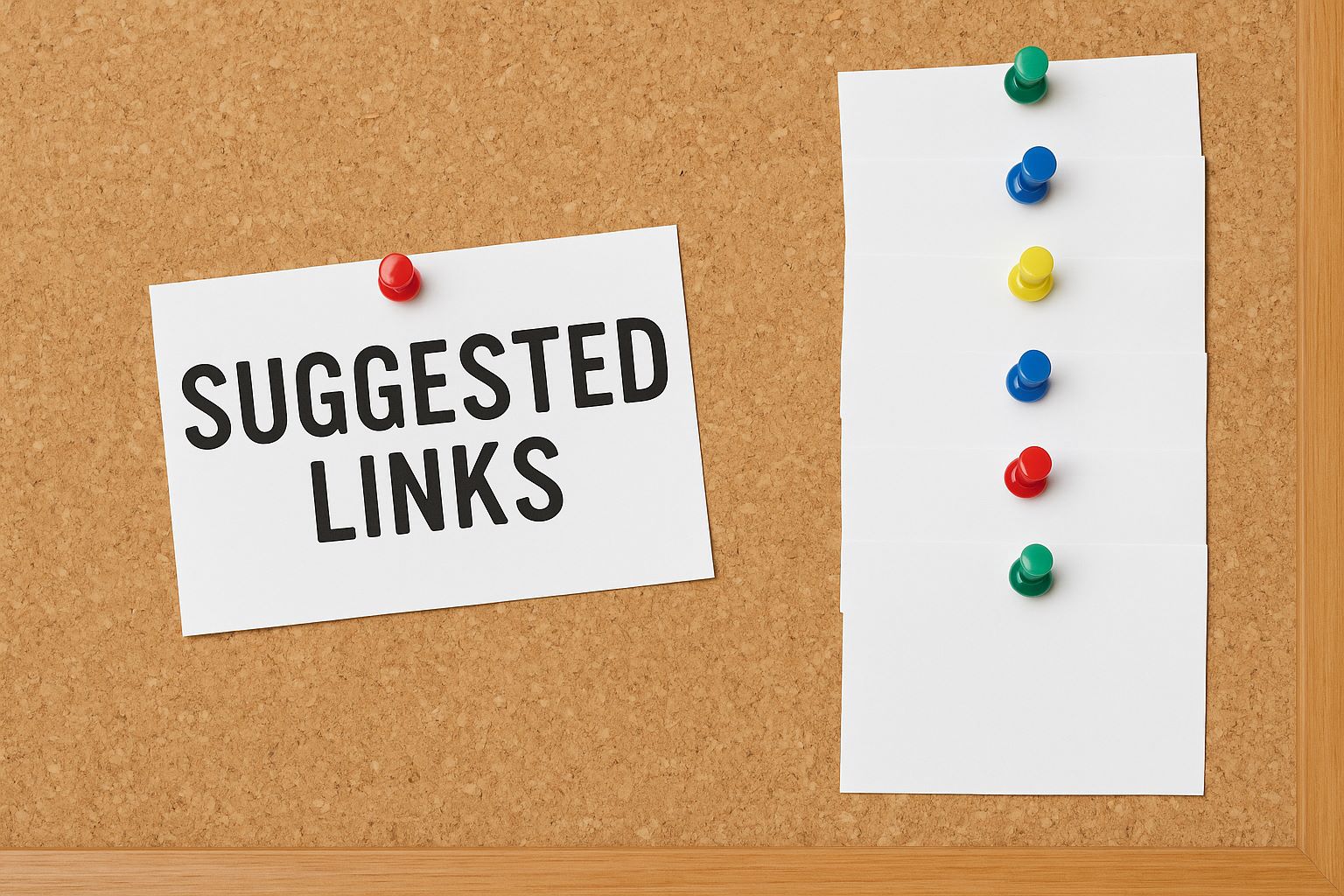 White cards pinned to a cork bulletin board with colorful pushpins, representing suggested links