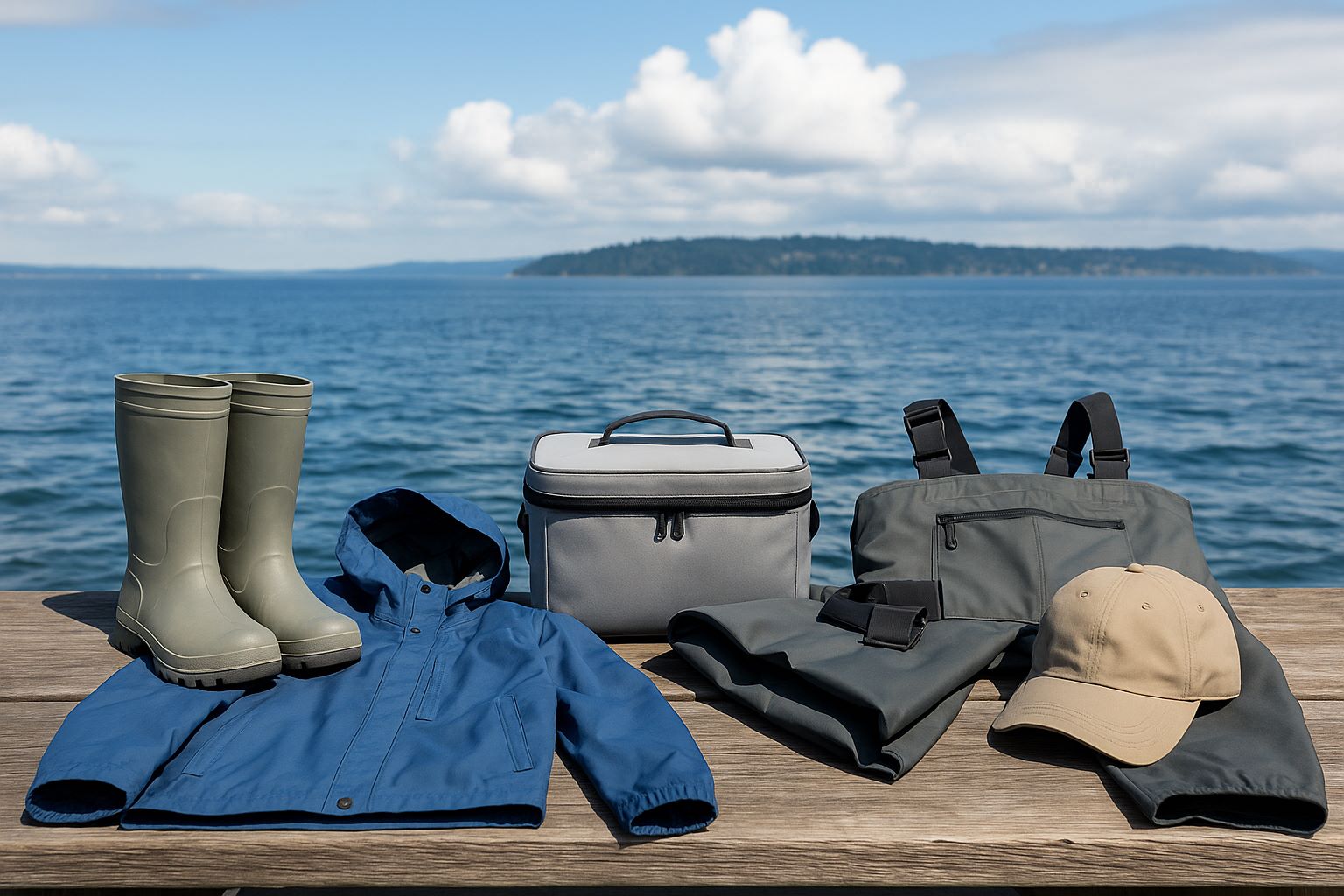 Clothing and gear laid out on a wooden dock with Puget Sound in the background, including rubber boots, a waterproof jacket, a lunch box, waders, and a tan hat.”