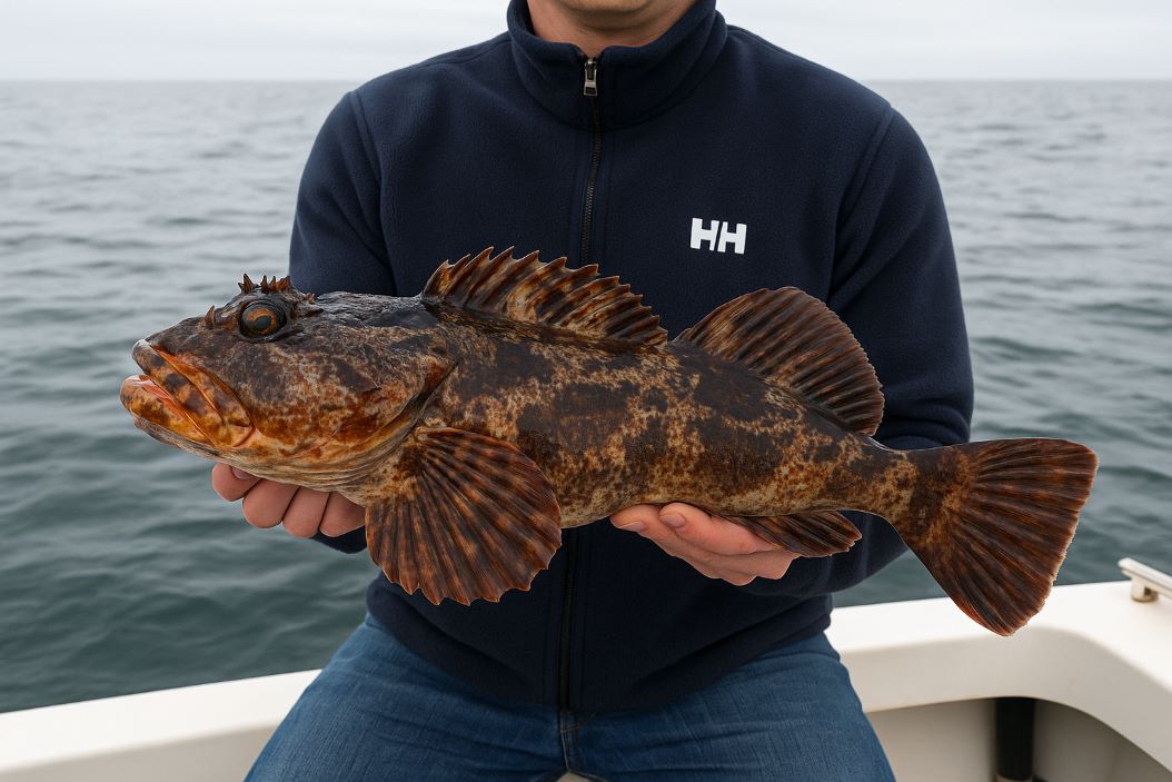 Angler holding a mottled brown cabezon aboard a boat on Puget Sound