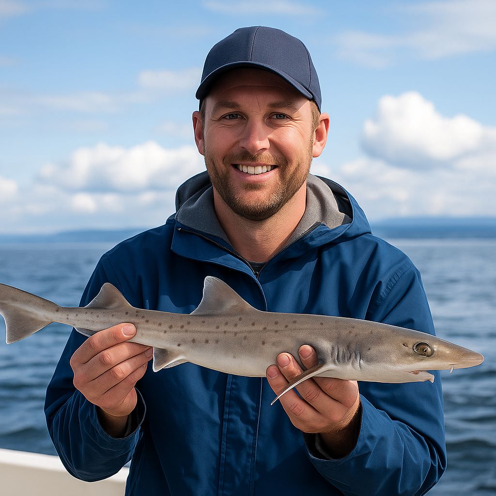 Angler holding a Puget Sound sand shark (dogfish) caught on an All Star Fishing Charters trip.